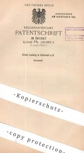 original Patent - Ernst Ludwig , Schwedt / Oder | 1921 | Karussell | Ringelbahn | Jahrmarkt , Schausteller