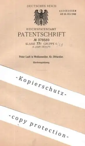 original Patent - Peter Ludt , Wellesweiler , Ottweiler | 1922 | Glockenspielzeug | Glocke Glocken , Spielzeug , Klingel
