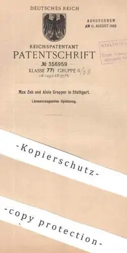 original Patent - Max Zeh , Alois Gropper , Stuttgart | 1921 | Lärmerzeugendes Spielzeug | Kinderspielzeug , Ton Rassel