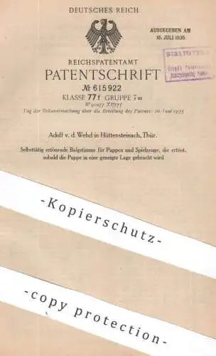 original Patent - Adolf v. d. Wehd , Hüttensteinach , Thüringen | 1933 | Balgstimme für Puppen u. Spielzeug | Stimme Ton