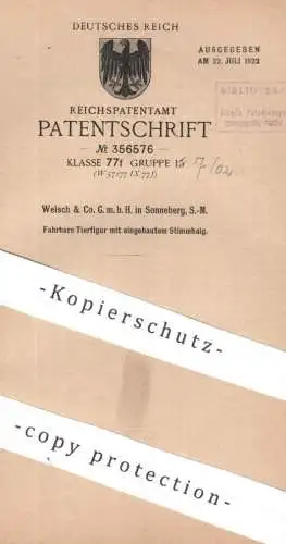 original Patent - Welsch & Co. GmbH , Sonneberg | 1921 | Fahrbare Tierfigur mit eingebautem Stimmbalg | Spielzeug , Tier