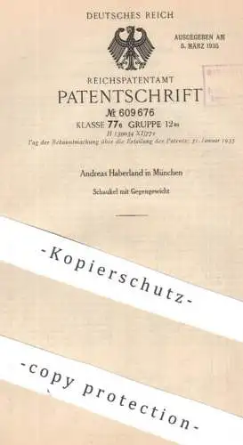 original Patent - Andreas Haberland , München | 1934 | Schaukel mit Gegengewicht | Schiffsschaukel | Wippe , Karussell