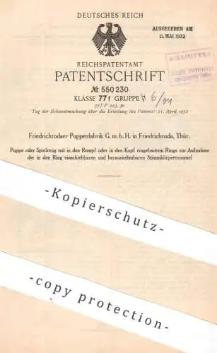 original Patent - Friedrichrodaer Puppenfabrik GmbH , Friedrichroda , Thüringen | 1930 | Puppe o. Spielzeug mit Stimme !