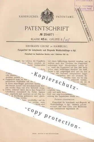 original Patent - Hermann Grosz , Hamburg | 1911 | Fangmittel für kriechende u. fliegende Schädlinge | Insektenfänger !