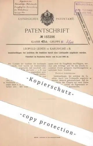 original Patent - Leopold Leiner , Karlsruhe | 1906 | Insektenfänger mittels Anlockung durch Licht | Fliegenfänger !!