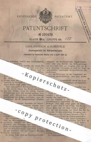 original Patent - Carl Henrich , Elberfeld | 1909 | Empfangsstelle für Rohrpostanlage | Post , Rohrpost