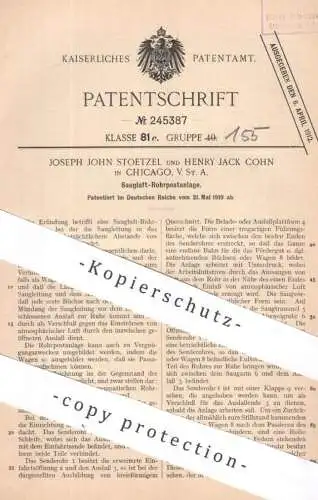 original Patent - Joseph John Stoetzel , Henry Jack Cohn , Chicago , USA | 1910 | Saugluft - Rohrpostanlage | Rohrpost