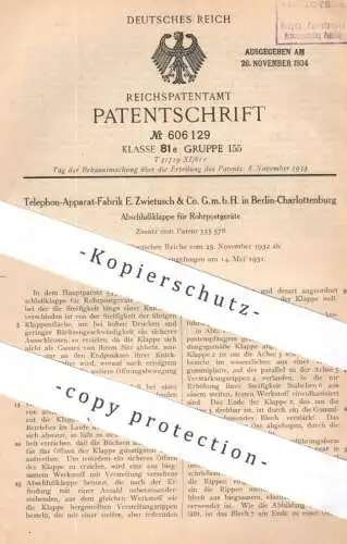 original Patent - Telephon Apparat Fabrik E. Zwietusch & Co. GmbH , Berlin / Charlottenburg | 1932 | Klappe für Rohrpost