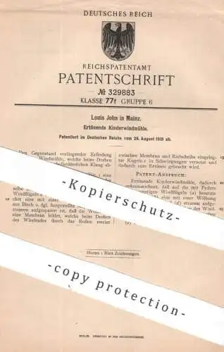 original Patent - Louis John , Mainz | 1919 | Ertönende Kinderwindmühle | Windmühle , Spielzeug , Windrad , Membran !!