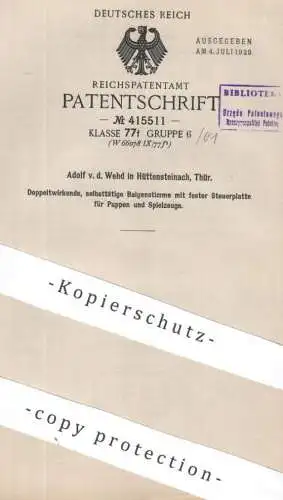 original Patent - Adolf v. d. Wehd , Hüttensteinach , Thür. | 1924 | Balgenstimme für Puppen & Spielzeug | Puppe Stimme