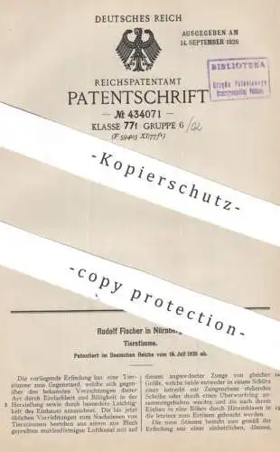 original Patent - Rudolf Fischer , Nürnberg | 1925 | Tierstimme | Tier - Stimme | Ton , Töne , Stimmen , Pfeife