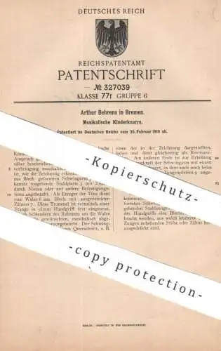 original Patent - Arthur Behrens , Bremen | 1919 | Musikalische Kinderknarre | Spielzeug , Musikinstrument