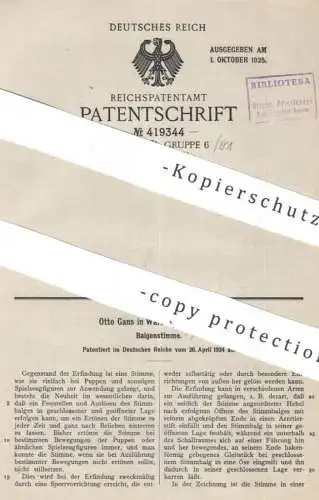 original Patent - Otto Gans , Walterhausen , Thüringen | 1924 | Balgenstimme | Stimmbalg , Balg , Puppe , Puppen , Ton