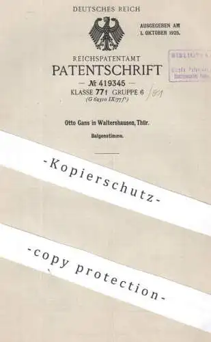 original Patent - Otto Gans , Walterhausen , Thüringen | 1924 | Balgenstimme | Stimmbalg , Balg , Puppe , Puppen , Ton