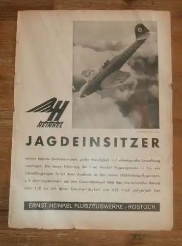 Jagdeinsitzer Heinkel , 1938 , Plakat / Poster - Flugzeugwerke Rostock , Reklame , Flugzeug , extrem RAR , Deleu , Bosch