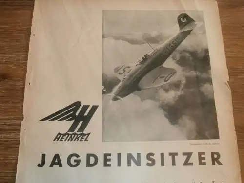 Jagdeinsitzer Heinkel , 1938 , Plakat / Poster - Flugzeugwerke Rostock , Reklame , Flugzeug , extrem RAR , Deleu , Bosch