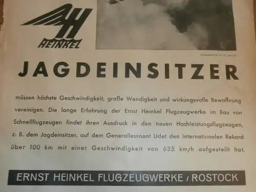 Jagdeinsitzer Heinkel , 1938 , Plakat / Poster - Flugzeugwerke Rostock , Reklame , Flugzeug , extrem RAR , Deleu , Bosch