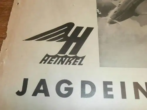 Jagdeinsitzer Heinkel , 1938 , Plakat / Poster - Flugzeugwerke Rostock , Reklame , Flugzeug , extrem RAR , Deleu , Bosch