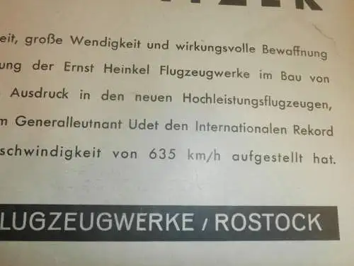 Jagdeinsitzer Heinkel , 1938 , Plakat / Poster - Flugzeugwerke Rostock , Reklame , Flugzeug , extrem RAR , Deleu , Bosch