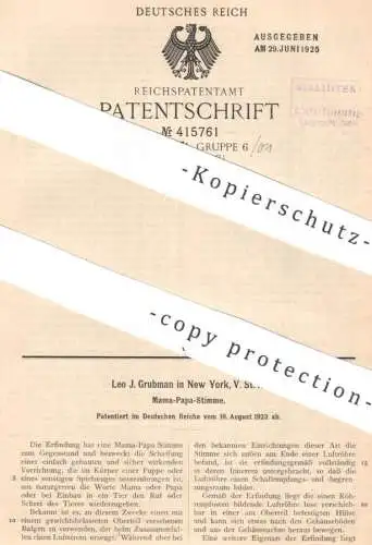 original Patent - Leo J. Grubman , New York , USA | 1923 | Mama - Papa - Stimme für Puppen | Puppe | Tier - Spielzeug !