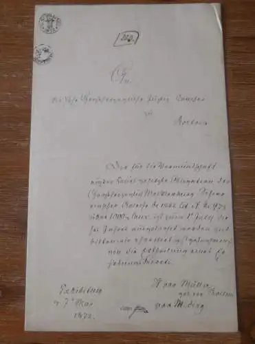 H. von Müller . Westenbrügge geb. von Prollius , 1872 , von Meding ,Rostock , alte Akte , Mecklenburg !!
