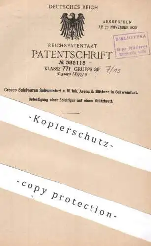 original Patent - Cresco Spielwaren Schweinfurt a. M. Inh. Arenz & Büttner | 1922 | Spielfigur - Befestigung auf Brett
