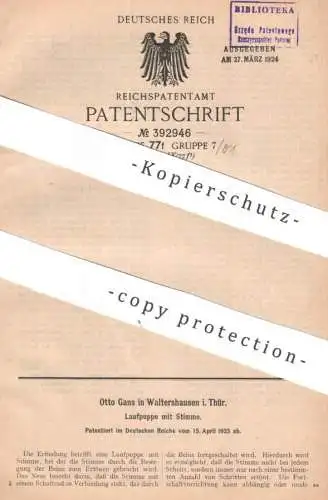 original Patent - Otto Gans , Waltershausen / Thüringen | 1923 | Laufpuppe mit Stimme | Puppe , Puppen | Spielzeug , Ton