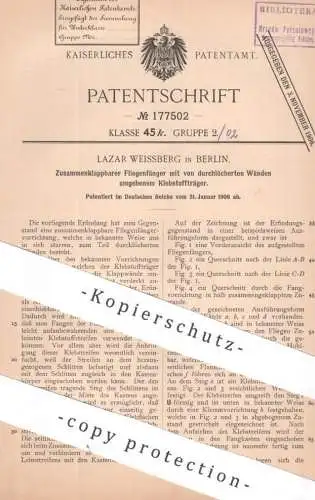 original Patent - Lazar Weissberg , Berlin  | 1906 | Zusammenklappbarer Fliegenfänger mit durchlöcherter Leim - Fläche