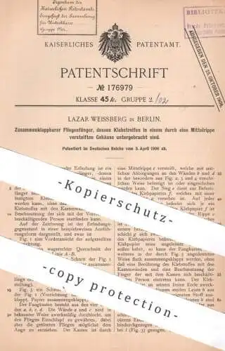 original Patent - Lazar Weissberg , Berlin  | 1906 | Zusammenklappbarer Fliegenfänger mit Klebfläche | Insektenfänger