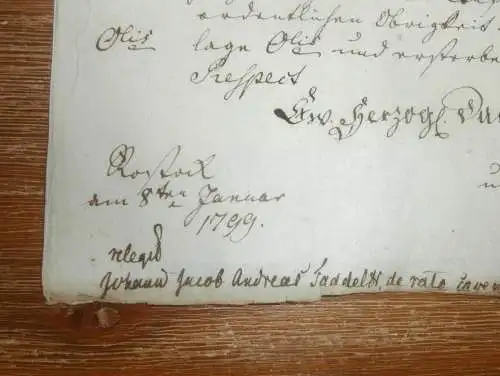Pastorius Oerthling zu Satow , 1799 , alte Akte , Kranel in Rostock , Mecklenburg !!