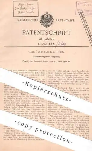 original Patent - Gebrüder Hack , Köln / Rhein | 1902 | Zusammenlegbarer Fliegenhut | Fliegenfänger , Insektenfänger
