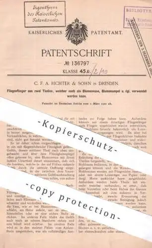 original Patent - C. F. A. Richter & Sohn , Dresden | 1902 | Fliegenfänger | Insektenfänger | Blumenvase , Blumenampel !