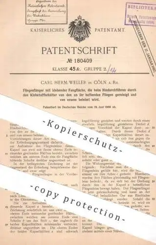 original Patent - Carl Herm. Weller , Köln / Rhein | 1906 | Fliegenfänger mit klebender Fangfläche | Insektenfänger