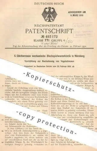 original Patent - S. Günthermann mechanische Blechwarenspielfabrik Nürnberg | 1929 | Nachahmung von Vogelstimme | Pfeife
