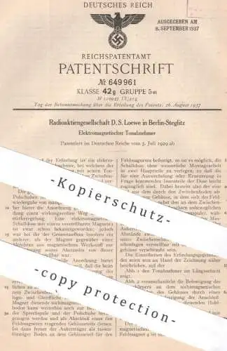 original Patent - Radio AG D. S. Loewe , Berlin / Steglitz | 1929 | Elektromagnetischer Tonabnehmer | Feldmagnet Magnet