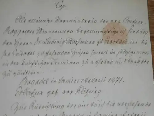 alte Akte , Frau E. von Oertzen geb. von Klitzing , 1871 , Roggow bei Rerik in Mecklenburg !!