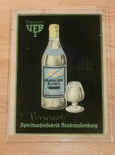 Spirituosenfabrik Neubrandenburg , VEB Vorwärts , Reklameschild für Schaufenster , alte Reklame / Werbung , Mecklenburg