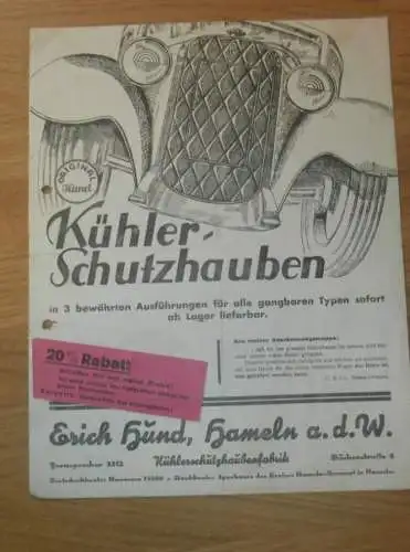 Prospekt / Katalog - Kühler-Schutzhauben 1931/32 , Erich Hund in Hameln a.d. Weser , Oldtimer , Adler , BMW , Mercedes !