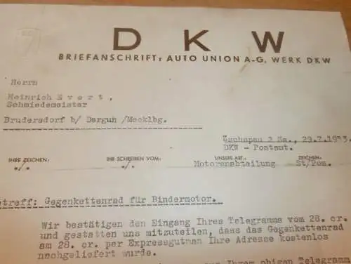 DKW Motorenabteilung Zschopau , Auto Union , Brief an Heinrich Evert - Schmied in Brudersdorf b. Dargun i. Mecklenburg