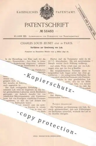 original Patent - Charles Louis Jeunet Aîné , Paris , Frankreich | 1890 | Gewinnung von Lab | Käse , Ferment , Molke