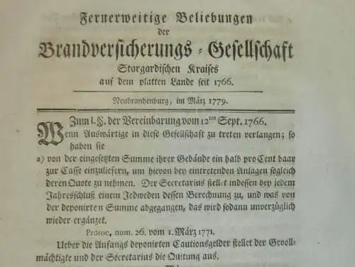 Brandversicherung Neubrandenburg , 1779 , Stargard i. Mecklenburg , Versicherung , alte Akte , 4 Seiten !!