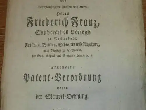 Stempel - Ordnung in Mecklenburg , 1810 , Stempel für Bestallung , Post , Briefe , Patente , Lotterie , Wechsel !!