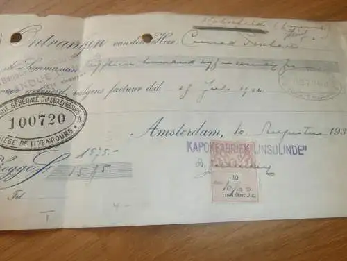 alter Scheck - Kapok-fabriek INSULINDE Amsterdam , 1932 , Siege de Luxembourg !!