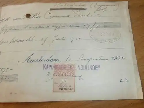 alter Scheck - Kapok-fabriek INSULINDE Amsterdam , 1932 , Siege de Luxembourg !!