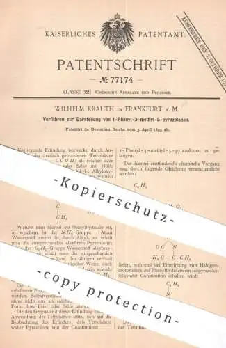 original Patent - Wilhelm Krauth , Frankfurt / Main | 1893 | Darstellung von I-Phenyl-3-methyl-5-pyrazolonen | Säure
