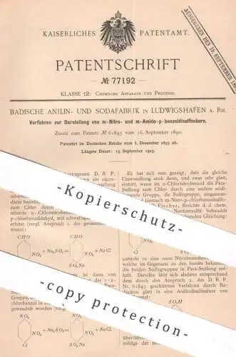original Patent - Badische Anilin- & Sodafabrik Ludwigshafen | 1893 | m-Nitro- und m-Amido-p-benzoldisulfosäure | Säure