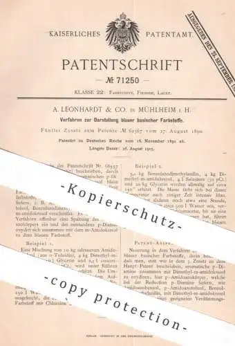 original Patent - A. Leonhardt & Co. , Mühlheim i. H. | 1890 | blauer basischer Farbstoff | Farbe Farben , Lack , Chemie