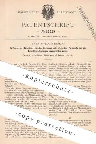 original Patent - Ewer & Pick , Berlin | 1884 | violett bis blau schwefelhaltiger Farbstoff | Farbe | Beize | Chemie