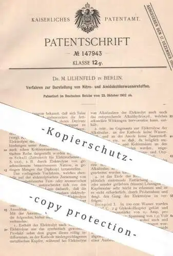 original Patent - Dr. M. Lilienfeld , Berlin | 1902 | Darst. von Nitro- u. Amidokohlenwasserstoff | Kohlenwasserstoff !