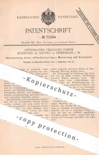 original Patent - Offenbacher Celluloid Fabrik Schreiner & Sievers , Offenbach / Main | 1892 | Maserung auf Celluloid !